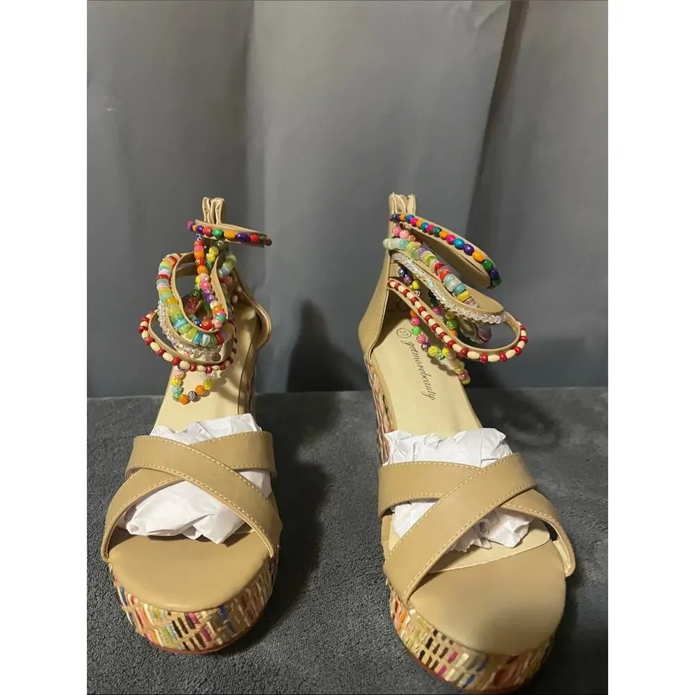 Tan Beaded Ankle-Wrap Wedge Sandals